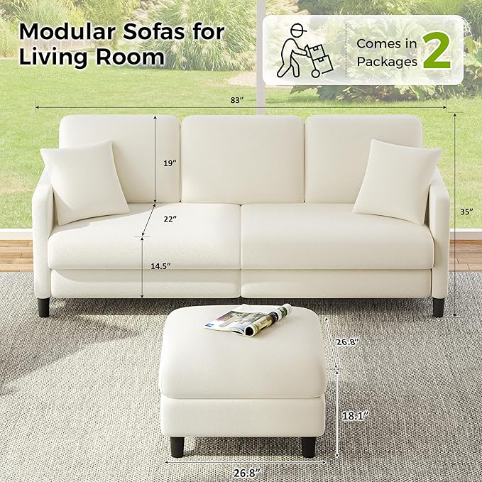 83" Couches for Living Room, Comfy Sofas for Living Room with Storage Ottoman, Teddy Sofa Couch, Tool-Free Loveseat Sofa, All-Wood Love Seat Couches, L Shaped Couch 2 Pillow Included, Beige