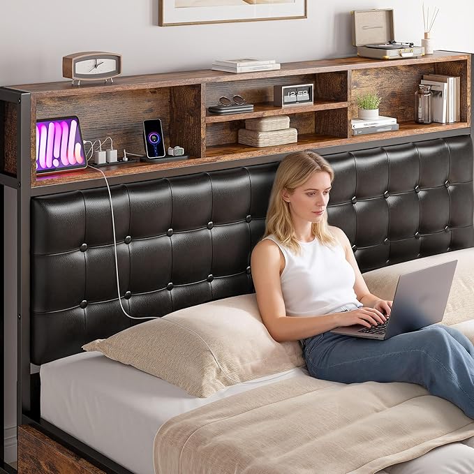 EnHomee King Size Bed Frame with 4 Storage Drawers, King Bed Frame and Headboard Built in Charging Station,No Noise,No Box Spring Needed,Vintage Brown