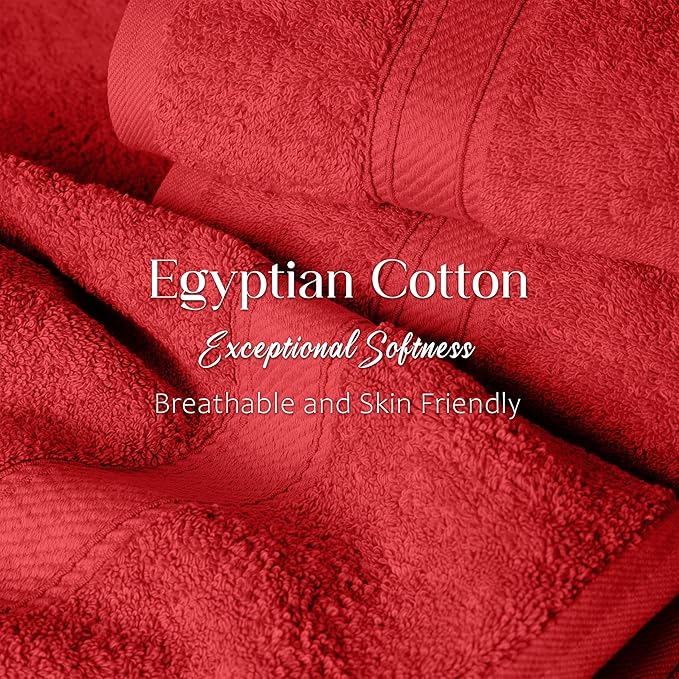 Superior Egyptian Cotton Pile Bath Towel Set of 2, Ultra Soft Luxury Towels, Thick Plush Essentials, Absorbent Heavyweight, Guest Bath, Hotel, Spa, Home Bathroom, Shower Basics, Red