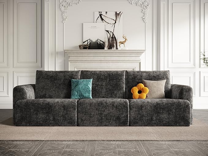 EASE MOOSE Boneless Couch for Living Room, Sectional Cloud Sofa, Modular Cloud Couch, 3-Seater Deep Seat Sofas with Pillow for Bedroom, Apartment, No Assembly Required, Chenille (Dark Grey)