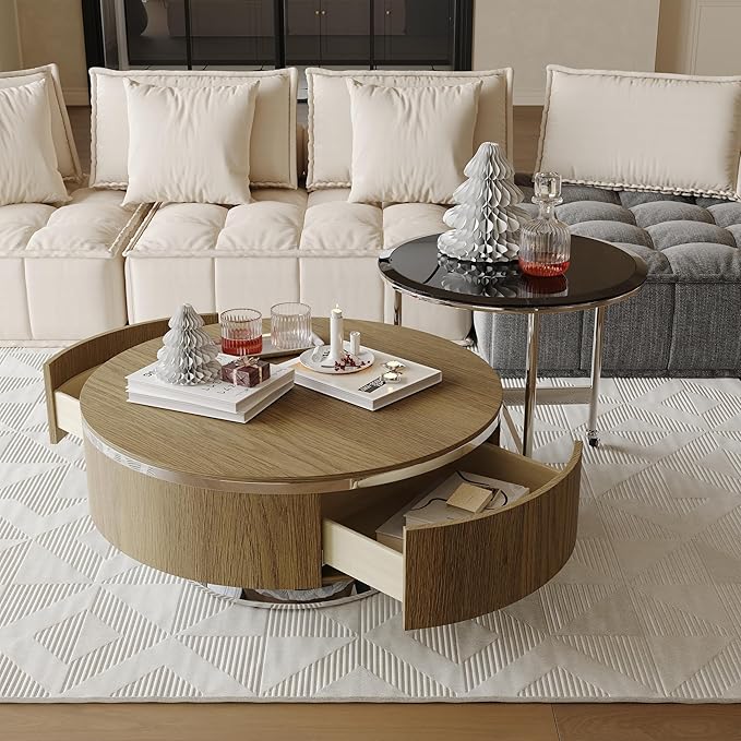 31.5 Inch Round Walnut Coffee Table with Hidden Storage Drawers and Silver Polished Stainless Steel Base, Modern Coffee Table Set with Rolling Side Table for Living Room