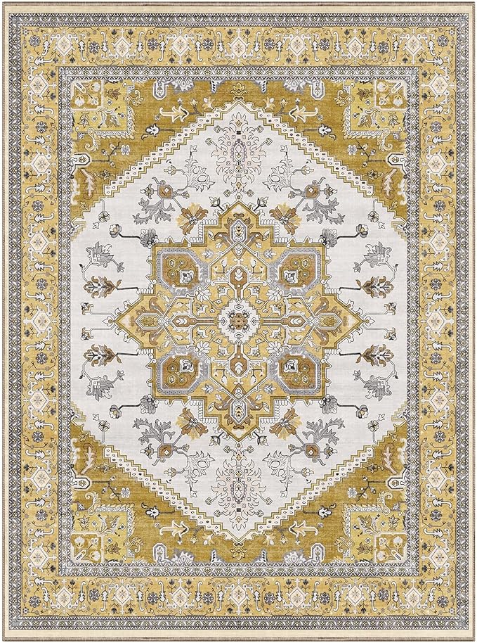 OPPODREAM Thin Area Rugs 9x12 Living Room, Washable Rugs 9x12 with Non Slip Backing, Faux Cashmere Low-Pile 9 x 12 Carpet, Yellow