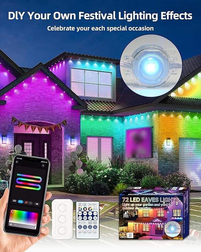 111FT Permanent Outdoor Lights,72 RGB Eaves Lights with App Control Remote, IP65 Waterproof Eternity Eaves Lighting, Outdoor Light for Outside Roofline Decor, Party, Holiday Xmas