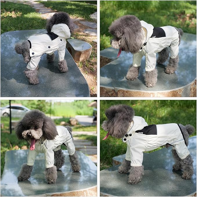 LOVELONGLONG Waterproof Dog Raincoat with Removable Hood – Outdoor Full Body Dog Jacket, Windproof Snowproof Shell Suit – All Season Pet Rain Gear Ivory XL