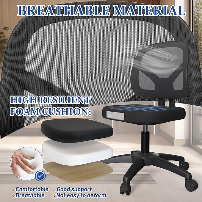 No Arms Small Office Computer Mesh Chair with Swivel Wheels Height Adjustable for Child and Adult
