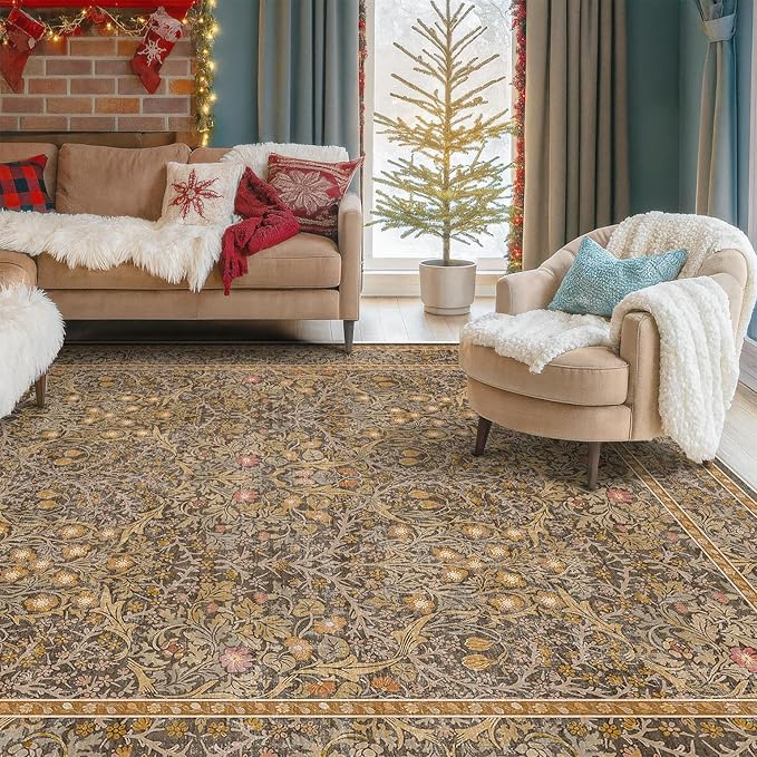 Washable Dining Room Rugs for Under Table - 6x9 Brown Oriental Area Rug for Living Room, Low Pile Non-Slip Floor Carpet for Bedroom Under Bed - Vintage Design & Stain Resistance