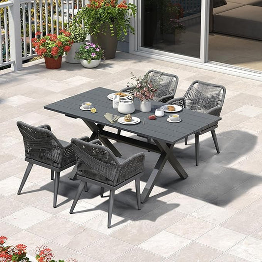 PURPLE LEAF 5 Pieces Outdoor Dining Set All-Weather PE Rattan Outdoor Patio Furniture Set with All Aluminum Frame Rectangular Table and Chairs Set for Lawn Garden Backyard Deck, Grey