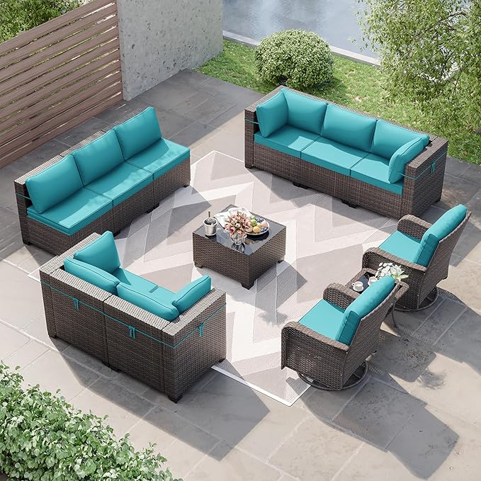 Kurapika 12 Pieces Patio Furniture Set, Rattan Wicker Sofa Set, Outdoor Conversation Sets w/Swivel Rocking Chairs Patio Sectional Sofa w/4 Inch Cushion, Blue