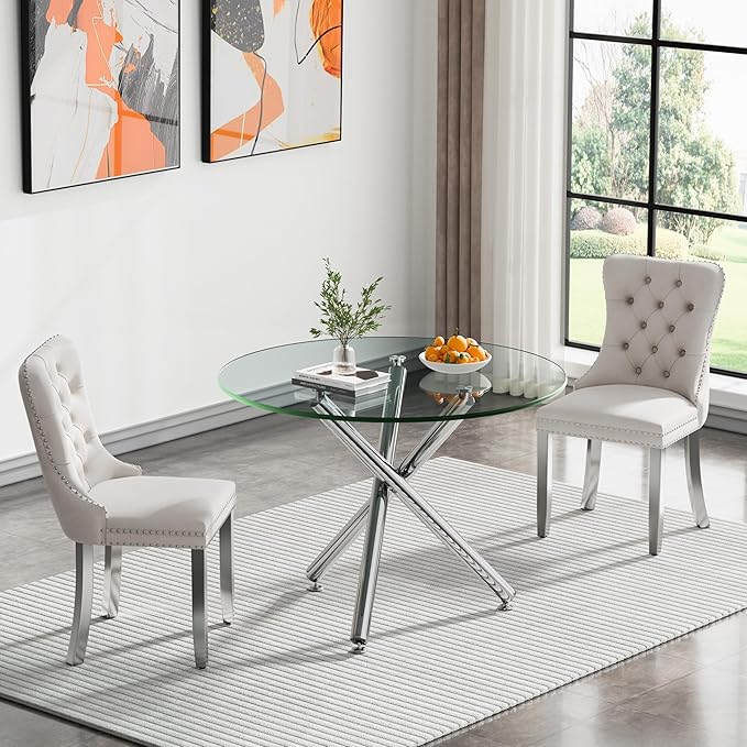 36" Round Glass Dining Room Table for 4 with Tempered Glass Top and Silver Chrome Metal Tube Legs, Modern Clear Kitchen and Dinner Table for Home Office Dining Room