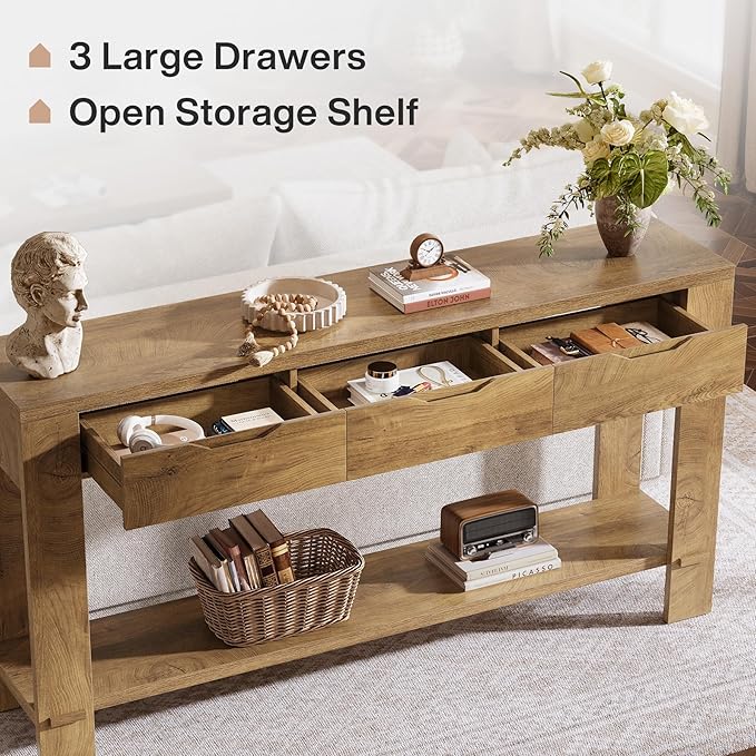 Tribesigns Console Table with 3 Drawers, 67-Inch Long Sofa Table Behind The Couch with Storage Shelf, Narrow Farmhouse Entryway Furniture for Living Room, Hallway, Foyer, Brown