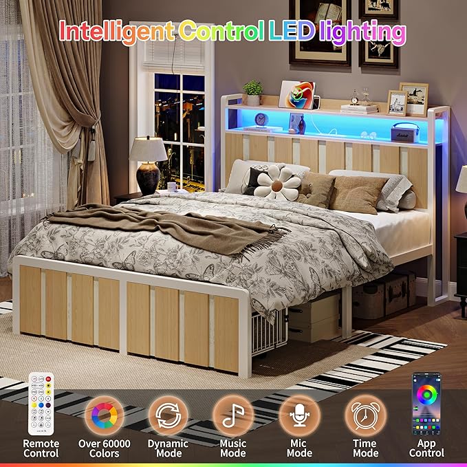 Queen Bed Frame with Storage Headboard & Dual Built-in Storage Drawers, Heavy Duty Platform Bed with 4-Device Charging Station and LED Lights, Noise-Free Design, No Box Spring Needed, White