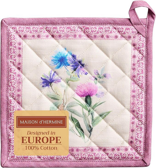 Maison d' Hermine Pot Holders 100% Cotton Heat Resistant Potholders 8" x 8" Hot Pads with Loop BBQ, Cooking, Baking, Grilling, Kitchen, Handling Hot Pans Spring/Summer (Pack of 1, Chardon)