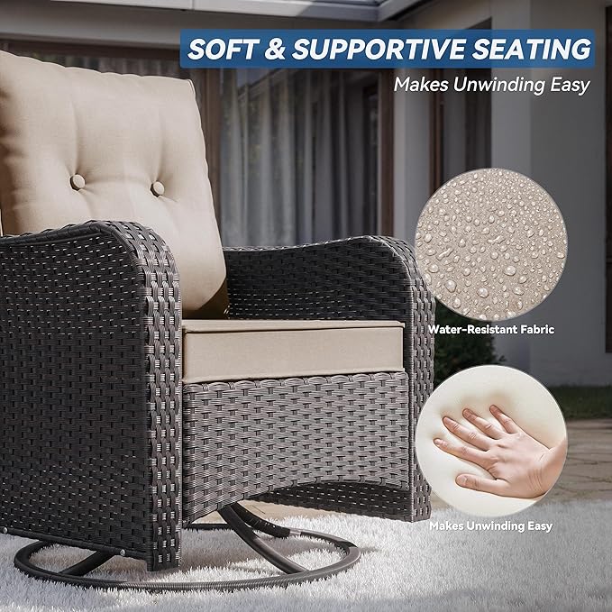 Kurapika 5 Pieces Patio Furniture Set, Rattan Wicker Outdoor Conversation Sets, 4 Woven Rattan Swivel Chairs w/48in Propane Fire Pit Table and Thickened Cushions, Sand