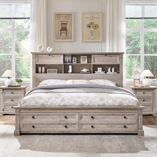 Farmhouse Queen Size Bed Frame with 54" Tall Storage Bookcase Headboard, 18" Roman Column Decoration Footboard,2 Drawer & 4 Storage Rack,Wood Platform Bed Frame, No Box Spring Needed(Light Rustic Oak)