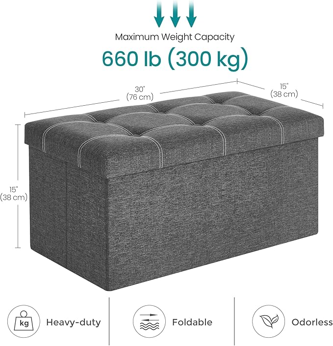 SONGMICS Mazie Collection - 30 Inches Ottoman Storage Bench, 21 Gal. Folding Chest with Breathable Linen-Look Fabric, Load up to 660 lb, for Entryway, Living Room, Bedroom, Dark Gray ULSF001G01