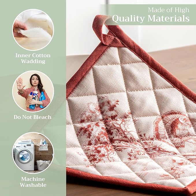 Maison d' Hermine Pot Holders 100% Cotton Heat Resistant Potholders 8" x 8" Hot Pads with Loop for Thanksgiving Christmas Decorations BBQ Cooking Baking Handling Hot Pans (Pack of 1, Holy Jouy - Red)