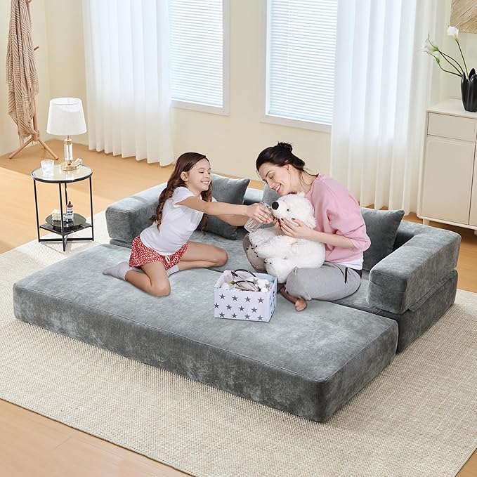 Convertible Floor Sofa Bed with Storage Pocket, Chenille Folding Mattress Sofa with Zipper Closure, Floor Lounge Couch for Living Room, Bedroom, Studio -Gray