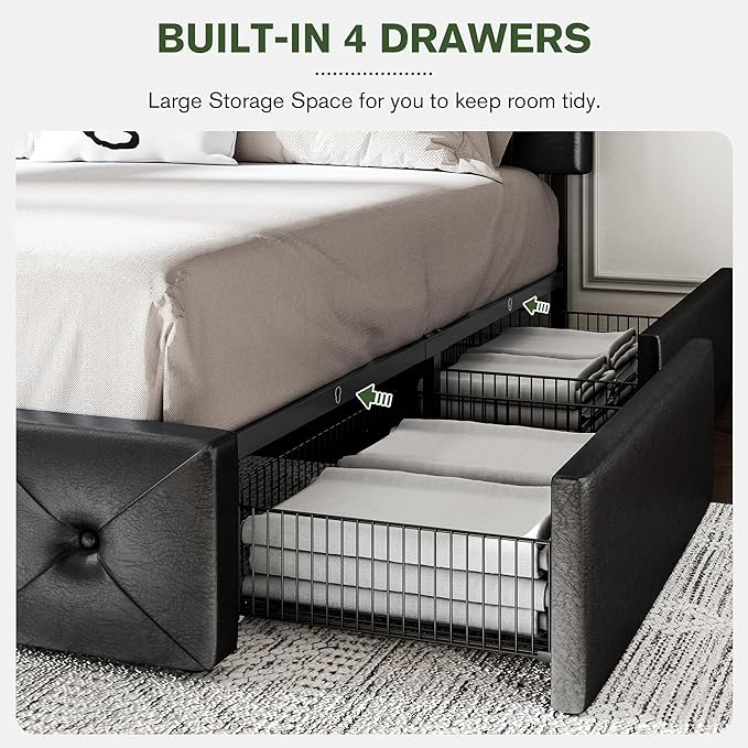 MUTICOR Full Size Bed Frame with 4 Storage Drawers, Upholstered Platform Bed with Button Tufted Adjustable Headboard, No Box Spring Needed, Easy Assembly, Diamond Tufted, Black Leather
