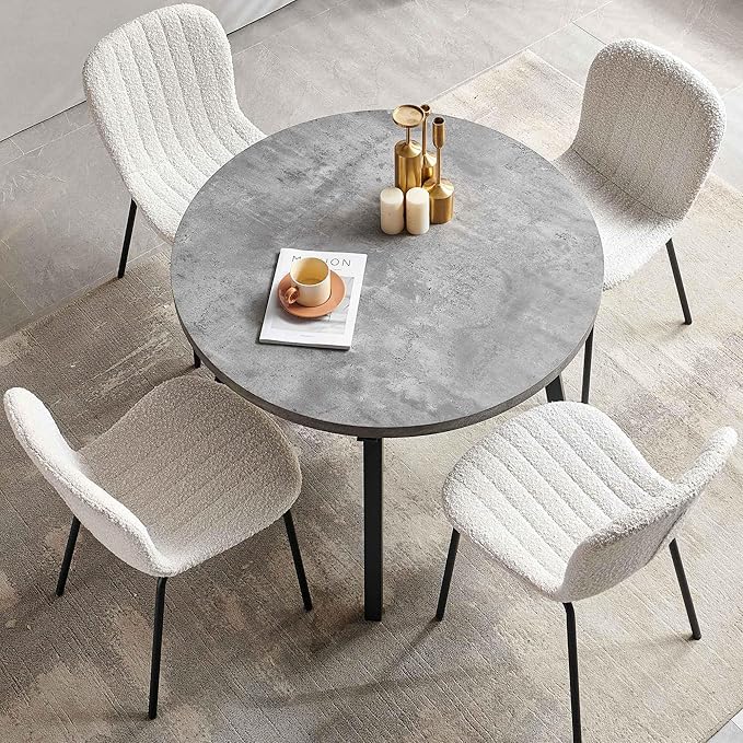 5-Piece Round Table Set for 4, 37.4" Grey Round Table with Hooks, Solid MDF Tabletop, Industrial Kitchen Table with Beige Boucle Dining Chairs for Restaurant, Dining Room