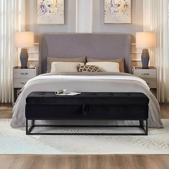 mikibama Velvet Storage Bench,58.6" Long Ottoman with Storage for Living Room,Tufted Storage Benches for Bedroom End of Bed,Entryway,Rectangle Window Seating Bench with Storage. (Velvet Black)