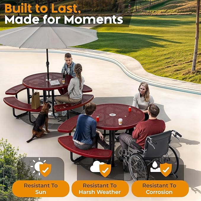 Metal Picnic Tables for Outdoors with Umbrella Hole - Coated Steel Heavy Duty Commercial Grade Furniture Set with Adjustable Seats (Red, 46 in, Round, Expanded Steel)