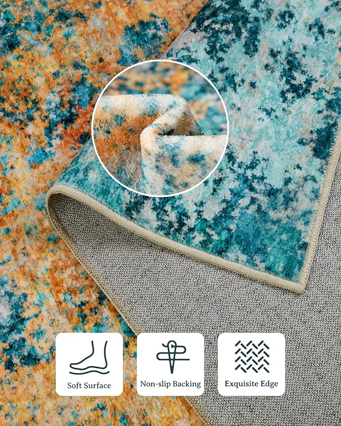 Washable Area Rug for Living Room: 6x9 Modern Abstract Neutral Soft Rug for Bedroom Dining Room No Slip Low Pile Carpet for Nursery Home Office - Teal/Orange