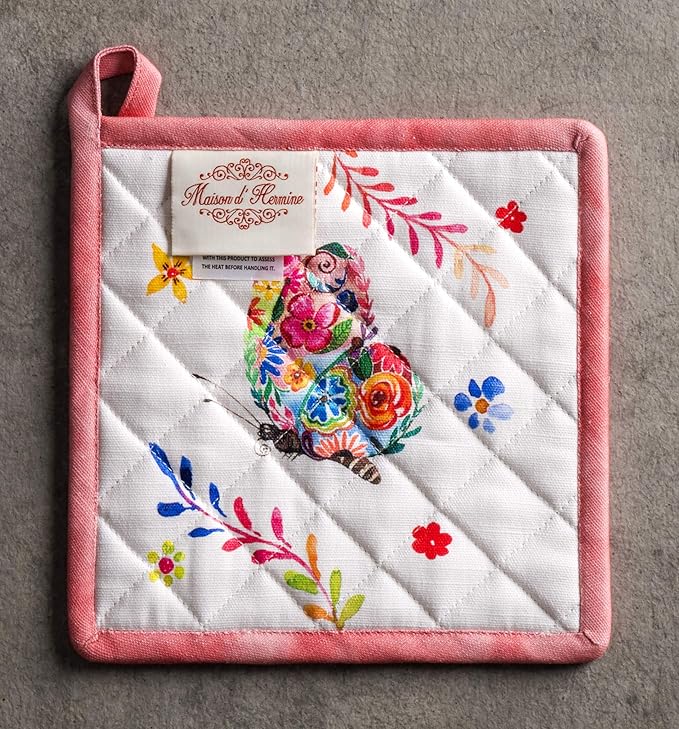 Maison d' Hermine Pot Holders 100% Cotton Heat Resistant Potholders 8" x 8" Hot Pads with Loop BBQ, Cooking, Grilling, Kitchen, Handling Hot Pans Spring/Summer (Pack of 1, Happy Florals - High Summer)