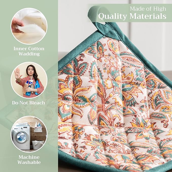 Maison d' Hermine Pot Holders 100% Cotton Heat Resistant Potholders 8" x 8" Hot Pads with Loop for Thanksgiving Christmas Decorations BBQ Cooking Baking Handling Hot Pans (Pack of 1, Nila)