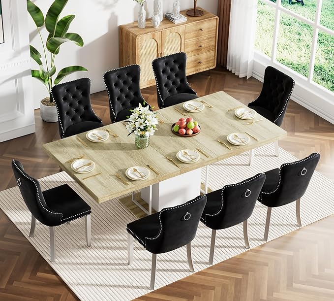 Goujxcy 78.7" Farmhouse Extendable Dining Room Table Set for 8, 9-Piece Rectangle Kitchen Dining Room Table Set with Wood Base and 8 Black Velvet Dining Chairs, Extending Kitchen & Dining Table Set