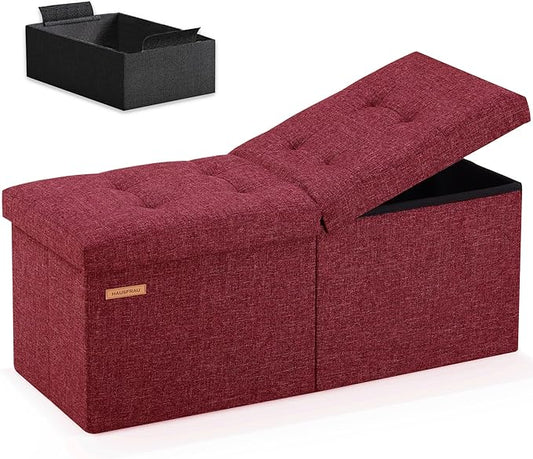 HAUSFRAU 31.5 Inches Ottoman with Storage Bench, Folding Ottoman Bench Small Foot Rest Stool, Bedroom Bench with Flipping Lid, Linen Bordeaux