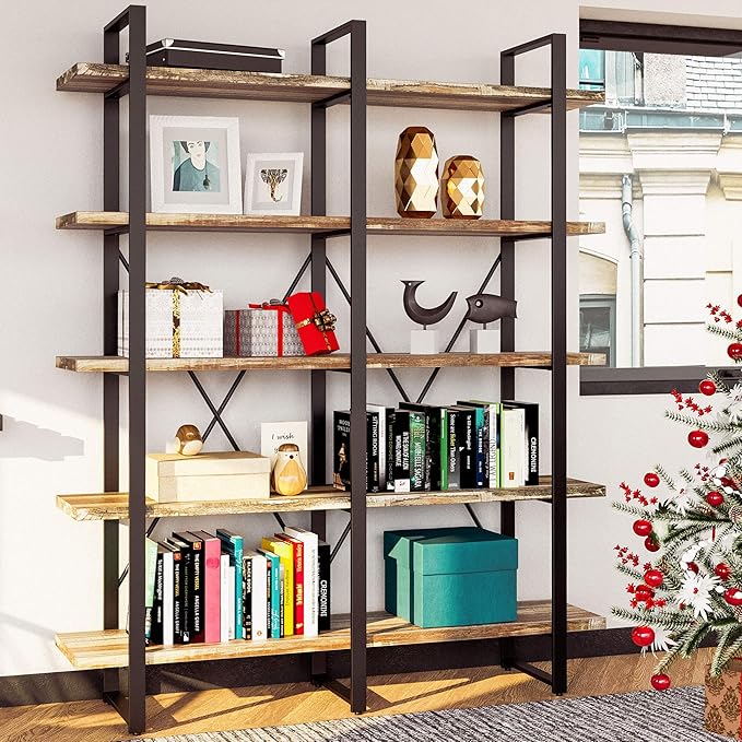 IRONCK Bookshelf, Double Wide 5-Tier Open Bookcase Vintage Industrial Large Shelves, Wood and Metal Etagere Bookshelves, for Home Decor Display, Office Furniture, 13D x 53.1W x 70H in