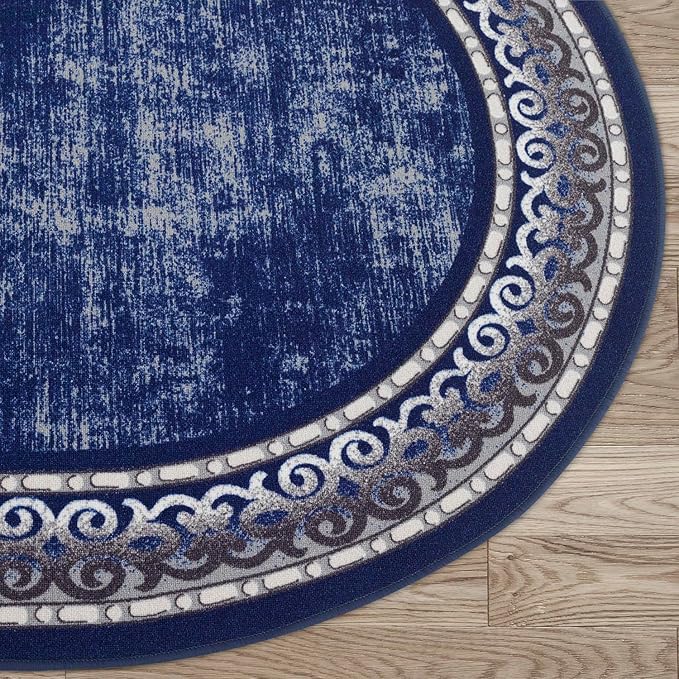Antep Rugs Alfombras Bordered Modern 5x7 Non-Slip (Non-Skid) Low Pile Rubber Backing Indoor Area Rug (Navy, 5' x 7' Oval)
