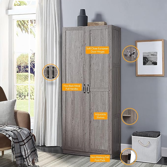 Manhattan Comfort Hopkins Modern Freestanding Storage Cabinet with 4 Adjustable Shelves & Soft Close Doors, Tall Multipurpose Organizer for Kitchen, Pantry, Garage, Mudroom, Set of 1, Grey