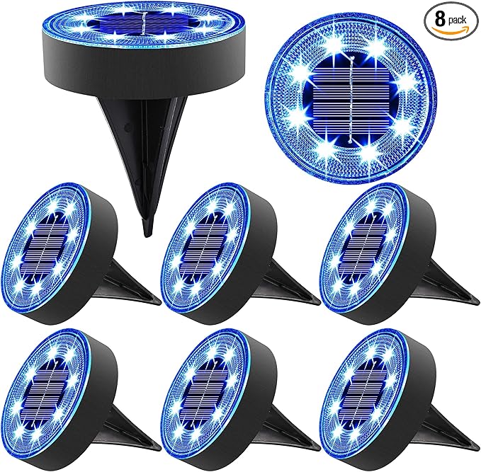 Joomer Solar Ground Lights, 8 Pack 8 LED Solar Lights Outdoor IP68 Waterproof Solar Disc Lights In-Ground Landscape Lighting Outdoor Lights for Patio Pathway Lawn Yard Driveway Walkway (Blue)