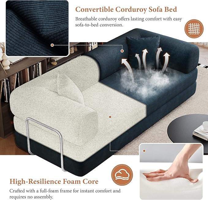 Boneless Couch Sectional Sofa,Convertible Sofa Bed with Sleeper Sofa,Futon Floor Couch Folding Sofas for Living Room,Bedroom,Apartment (Blue, 78.8''W)