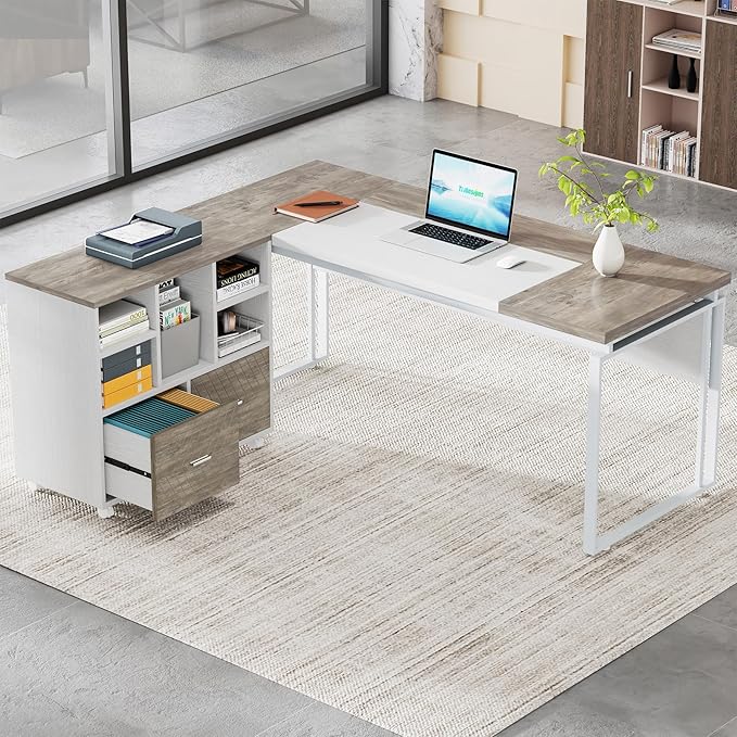 Tribesigns L-Shaped Executive Desk with Reversible File Cabinet, 63" Office Desk with Storage Drawers, L-Shaped Computer Desk with Drawer Cabinet for Hanging Letter Size Files,Gray & White