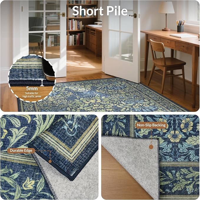 GENIMO 5x7 Washable Area Rug, Non-Slip Vintage Boho Floral Carpet, Soft Low-Pile Thin Bedroom Rug for Living Room, Dining Room, Nursery, Dark Blue