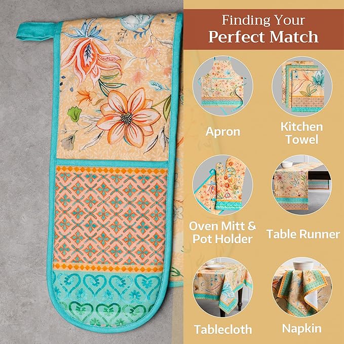 Maison d' Hermine Double Oven Mitts 100% Cotton 7"x35" Double Oven Mitt Heat Resistant BBQ Cooking Gloves with Loop, Baking, Grilling, Kitchen, Handling Hot Pans Spring Summer (Luxury Loft – Peach)