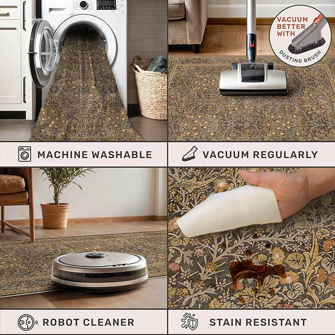 Brown 3x8 Vintage Kitchen Runner Rug Stain Resistant, Wide Washable Non Skid Long Runner Rugs for Hallway, Entryway Indoor, Non-Slip Low Pile Ultra Soft Stain Resistant Floral Carpet