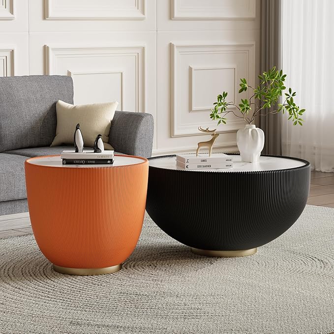 Orange Round Coffee Table with Sintered Stone Tabletop, 19.69 Drum Coffee Table with Fluted PU Leather Covered and Metal Base, Circle Cocktail Tea Table for Living Room