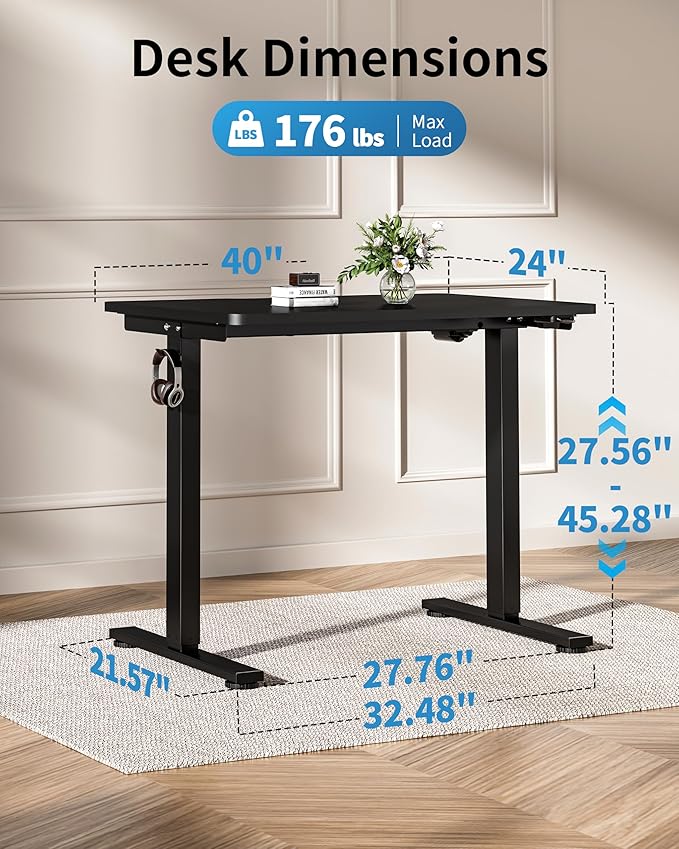 Okin Small Electric Standing Desk, 40 x 24 Inches Whole Piece Height Adjustable Desk, Black Sit to Stand Desks Computer Workstation for Home Office