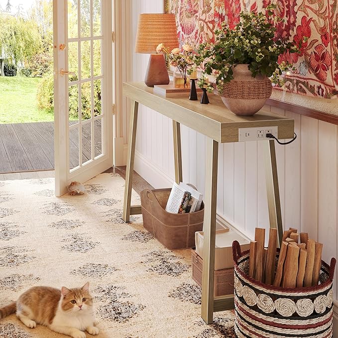 Huuger Entryway Console Table with Charging Station, USB-C Port, 47.2 Inch Sofa Table with Metal Legs, Entry Hallway Table with Thicker Desktop, Modern Behind Couch Table, Natural