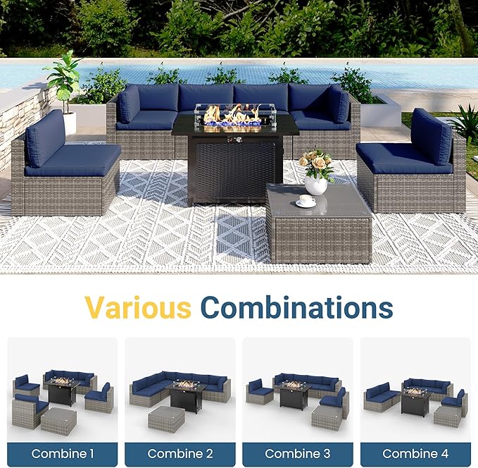 8 Pieces Outdoor Patio Furniture Set with 43" Fire Pit Table, Wicker Outdoor Patio Sectional Sofas with Cushions and Coffee Table, All-Weather Patio Conversation Set for Garden Backyard, Navy Blue