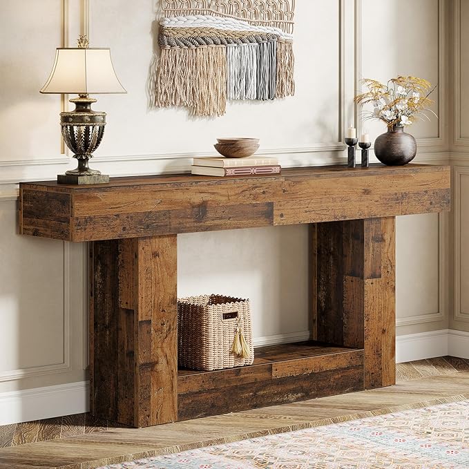 Tribesigns 63" Console Table, Farmhouse 2-Tier Entryway Table with U-Shaped Base, Narrow Long Wood Sofa Table Behind Couch Table for Living Room, Hallway, Foyer, Mix Brown