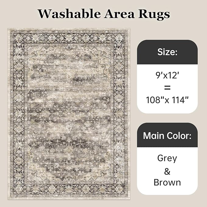9x12 Large Rugs for Living Room Washable Boho Farmhouse Area Rugs Soft Faux Fur Low Pile Non Slip Stain Resistant Vintage Euro Floral Carpet Rug for Bedroom Dining Room Family Room,Hazel Brown