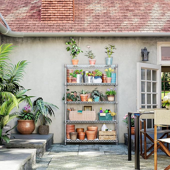 IZEUK 1750LBS Garage Shelving Wide Storage Shelves 5 Tier Metal Shelves Heavy Duty Adjustable Utility Shelf Rack (Chrome, 5 Tier, 15.7" D x 45.3" W x 70.9" H)