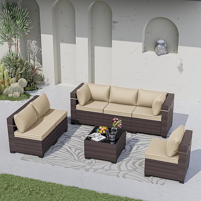 Kurapika 7 Pieces Patio Furniture Set, Rattan Wicker Outdoor Conversation Sets w/4 Inch Cushion and Glass Coffee Table(Sand)