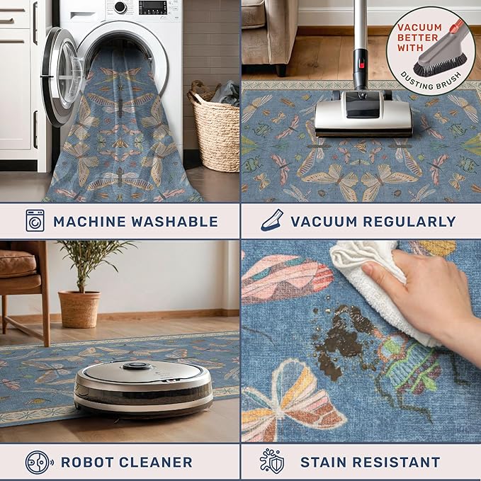 Blue Washable Kids Playroom Rug - 5x7 Area Rugs for Nursery Baby Boy, Bedroom, Living Room, Toddler Boy Room Decor, Cute Animals Print Carpet, Super Soft Non Slip Stain Resistant