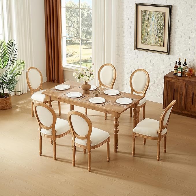 Nrizc French Dining Chairs Set of 6, French Country Dining Chair, Vintage Farmhouse Dining Chairs with Round Back, Solid Wood Beige Fabric Dining Room Chairs, for Kitchen, Bedroom, Dining Room