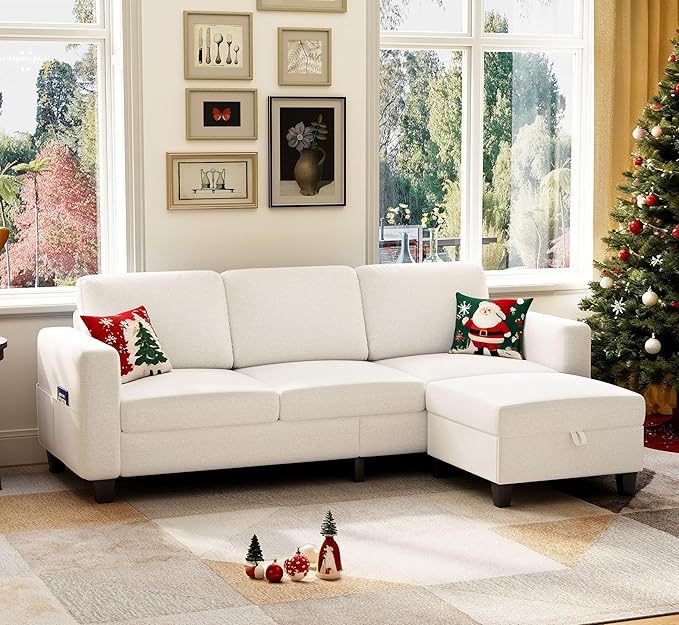 Sectional Sofa Couches for Living Room, 78'' Beige 3 Seater L-Shaped Couch with Storage Ottoman, Comfy Fabric Convertible Sectionals Sofas with Chaise for Apartment, Office, Small Space